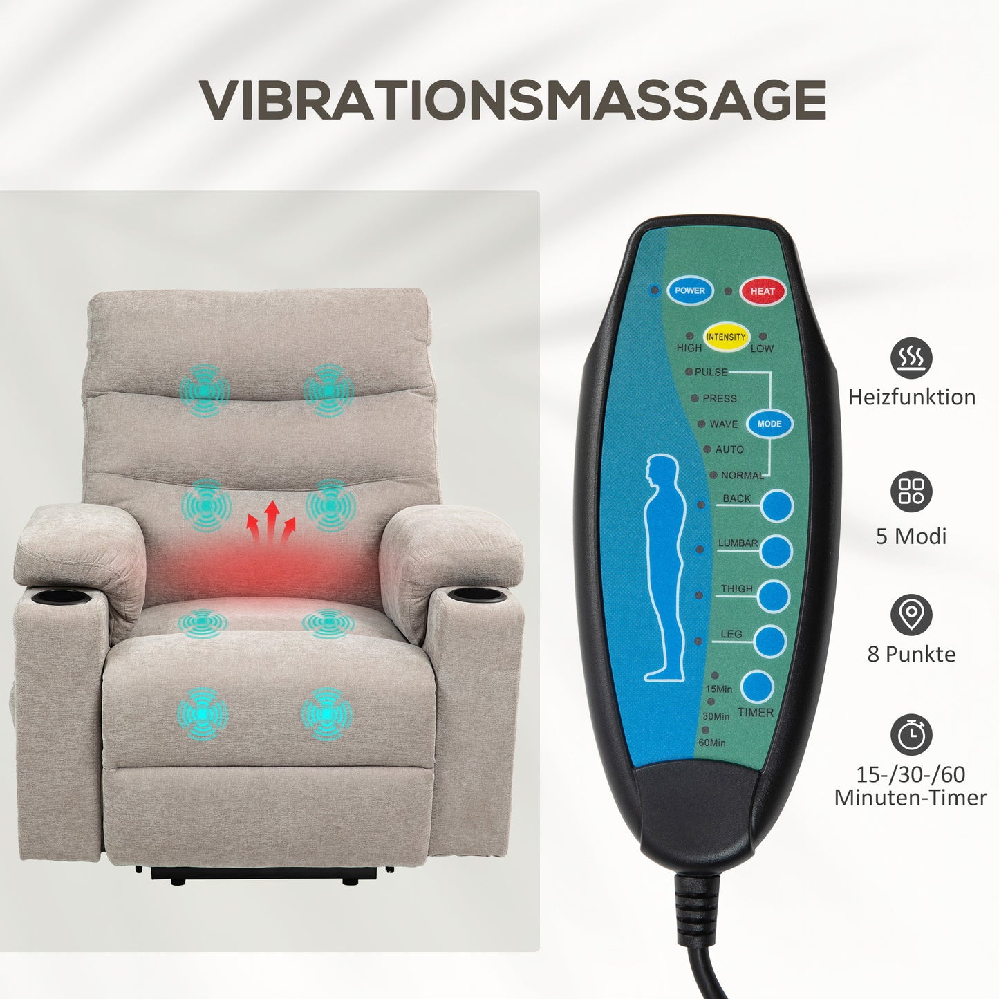 Massagestoel – Elektrische Relaxstoel – Massagefauteuil – Massagestoel met Liftfunctie – Elektrische Massagestoel Lichtbruin – 8 Vibratiepunten – 2 Afstandsbedieningen