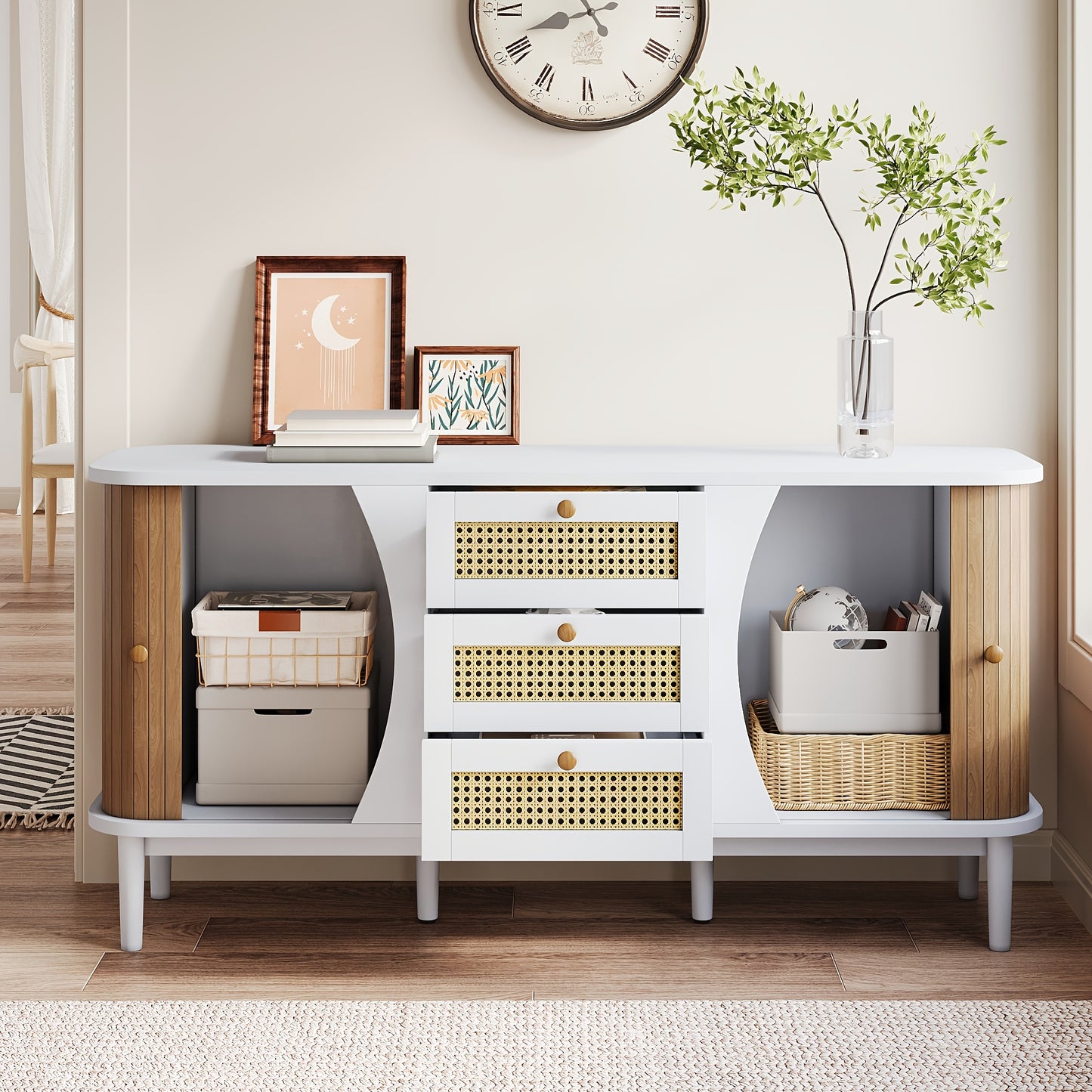 Houten Dressoir – Sideboard – Dressoir Kast – Ladekast – Rattan Kast – Massief Hardhout – Schuifdeuren met Lades