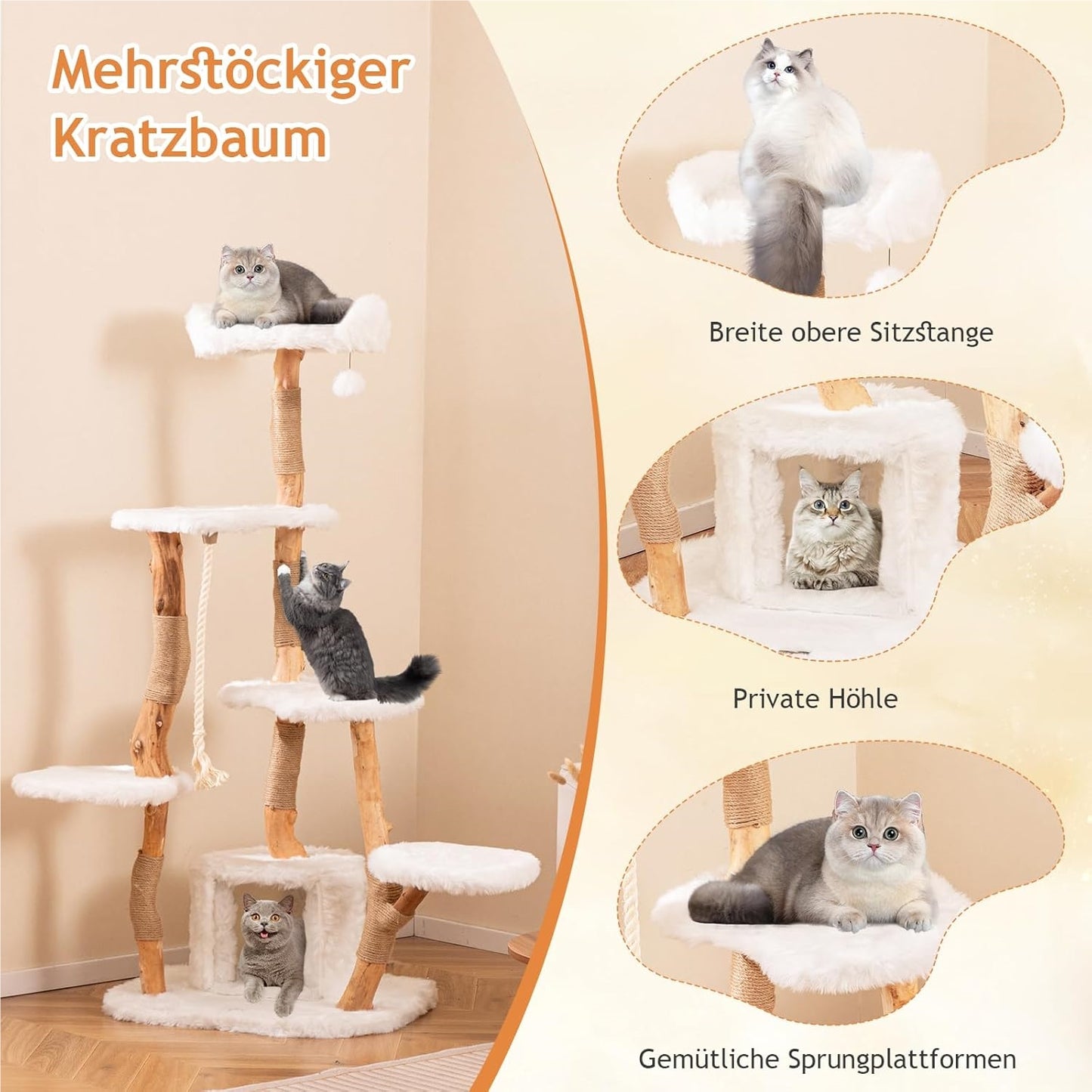 Houten Kattentoren – Krabpaal – Kattenboom – Speeltoren – Katmeubel – Massief Perenhout – Jute Krabpalen – Luxe Pluche Bekleding – 168 cm Hoog