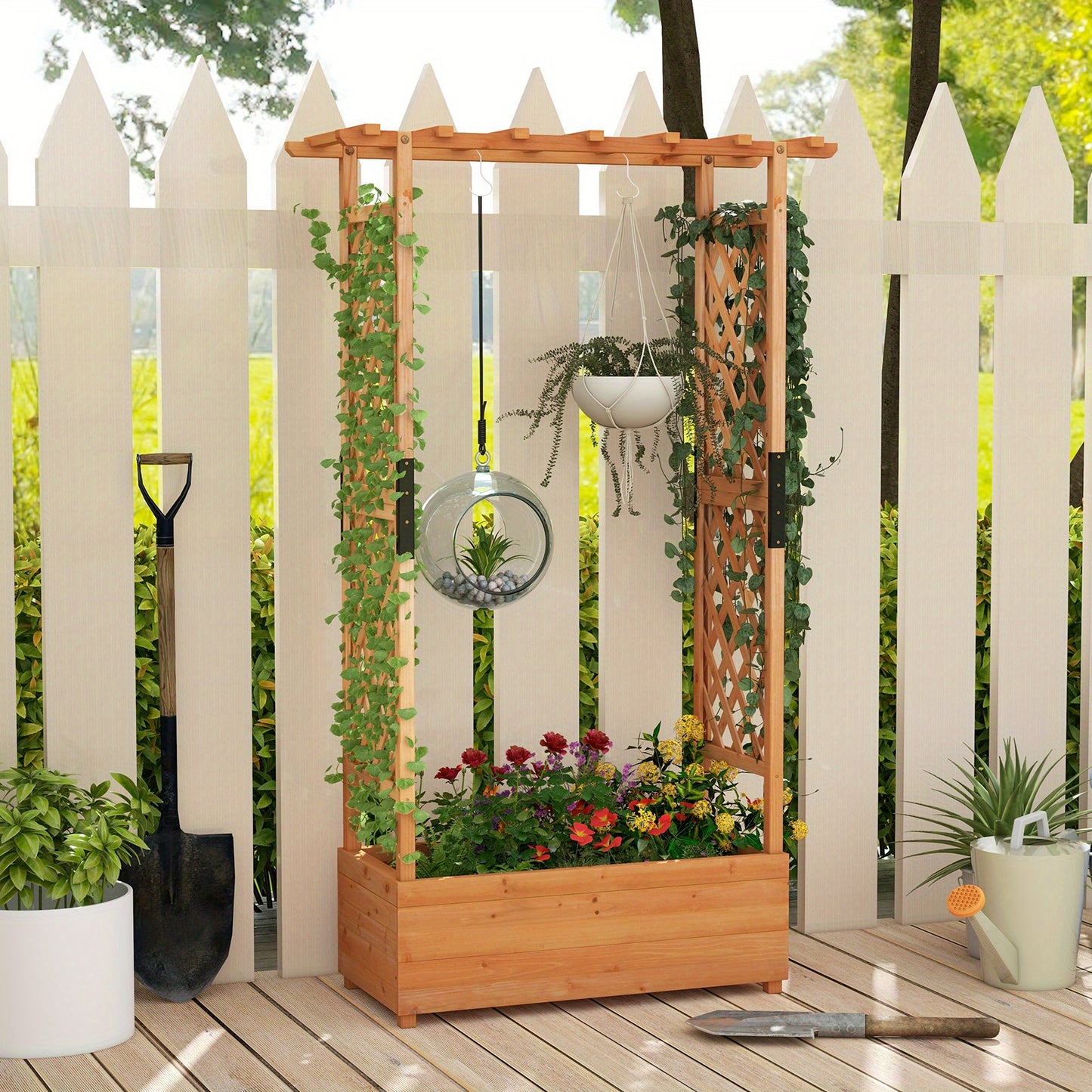 Hoogbed tuin – Verhoogde plantenbak – Tuinbak – Klimplant rek – Bloemenbak – Houten hoogbed oranje – Met boogtrellis en afwateringsgaten – 110x44x182 cm duurzaam dennenhout
