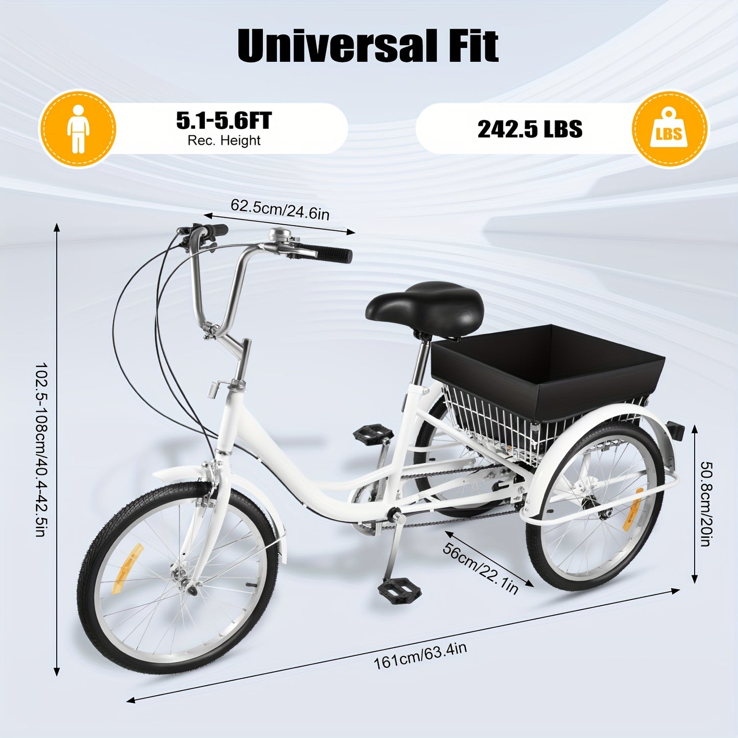 Driewieler – Driewieler Fiets – Volwassenen Driewieler – Driewieler Met Mand – Driewieler 3-Wiel – Wit – 50,8 cm – 8 Versnellingen – Verstelbaar Zadel