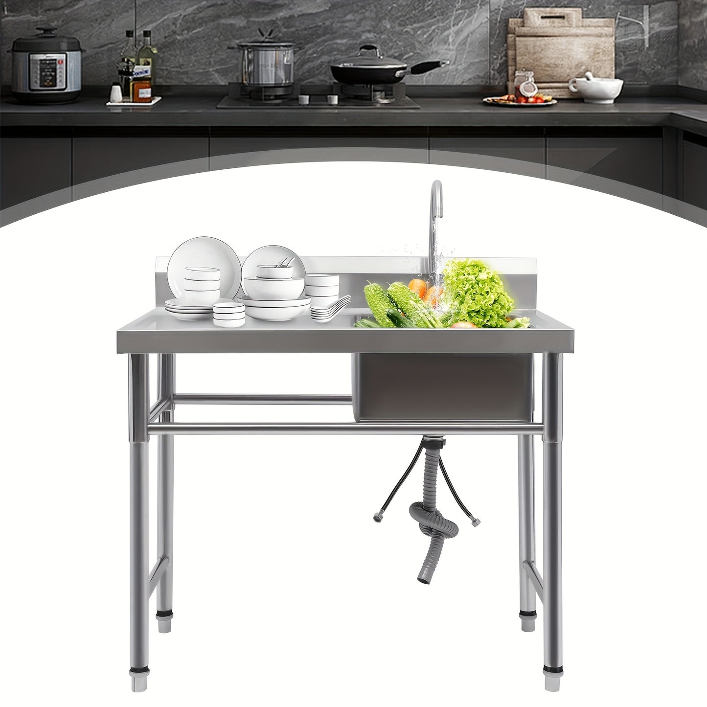 Roestvrijstalen Spoelbak – Gootsteen – Wasbak – Vaatwasbak – Keukenspoelbak – 1 Baassin – 100x60x93 cm – Roestvrij Staal 201 – Duurzaam & Spatbestendig