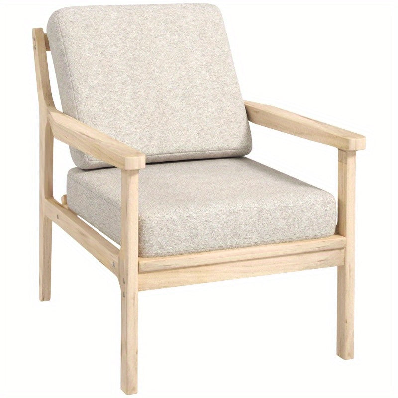 Loungestoel – Relaxfauteuil – Armstoel – Fauteuil – Sessel – Linnenlook Bekleding – Afneembaar Kussen – Houten Poten – Comfortabel Zitvlak – Beige