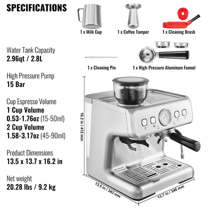 Espressomachine – Koffiemachine – Koffiezetapparaat – Cappuccinomachine – Halfautomaat – Ingebouwde Koffiemolen – 15 Bar Pomp – Afneembare 2,8L Watertank