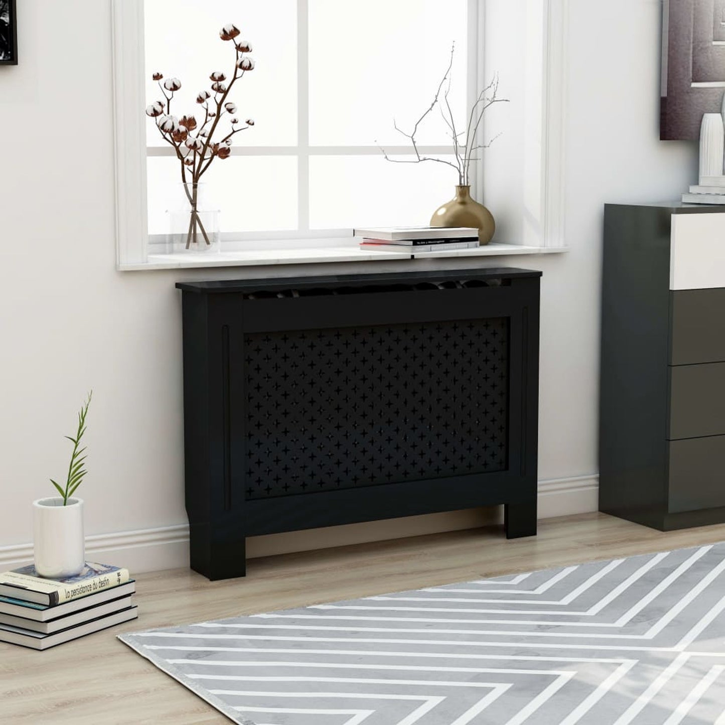 Radiatorombouw – Radiatorafdekking – Radiatorkast – Verwarming Ombouw – Radiatorpaneel – Zwart MDF – 112x19x81,5 cm – Eenvoudige Wandmontage