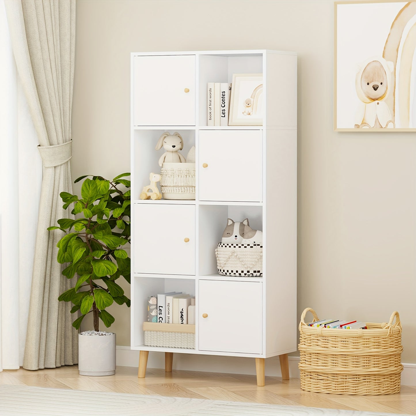 Boekenkast – Boekenrek – Opbergkast – Vakkenkast – Wandkast – Wit Hout – 4 Deuren & 8 Vakken – 64,5x30x140,5 cm – Vrijstaand & Stevig