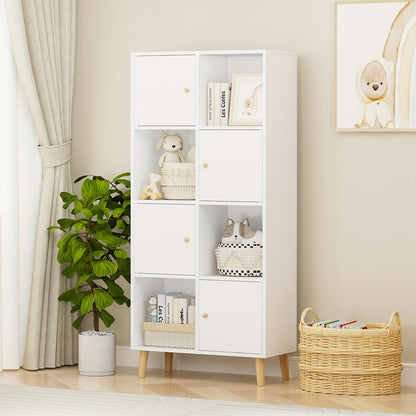 Boekenkast – Boekenrek – Opbergkast – Vakkenkast – Wandkast – Wit Hout – 4 Deuren & 8 Vakken – 64,5x30x140,5 cm – Vrijstaand & Stevig