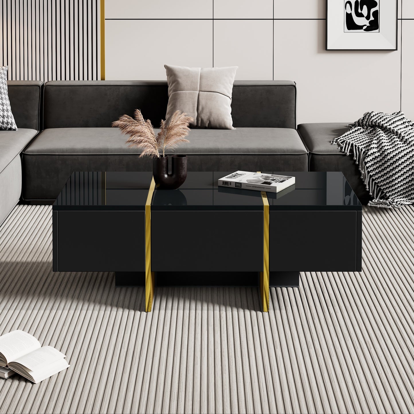 Salontafel – Koffietafel – Woonkamertafel – Bijzettafel – Tafel met Lades – Hoogglans Zwart – Ruimtebesparend Ontwerp – Vier Lades