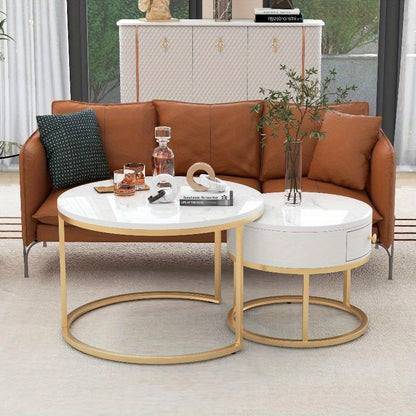 Salontafel – Bijzettafel – Koffietafel – Nestingtafel – Uittrekbare Tafel – Modern Design – Hoogglans Marmerlook – Verstelbare Hoogte – Zwart Metaal – Gouden Accenten