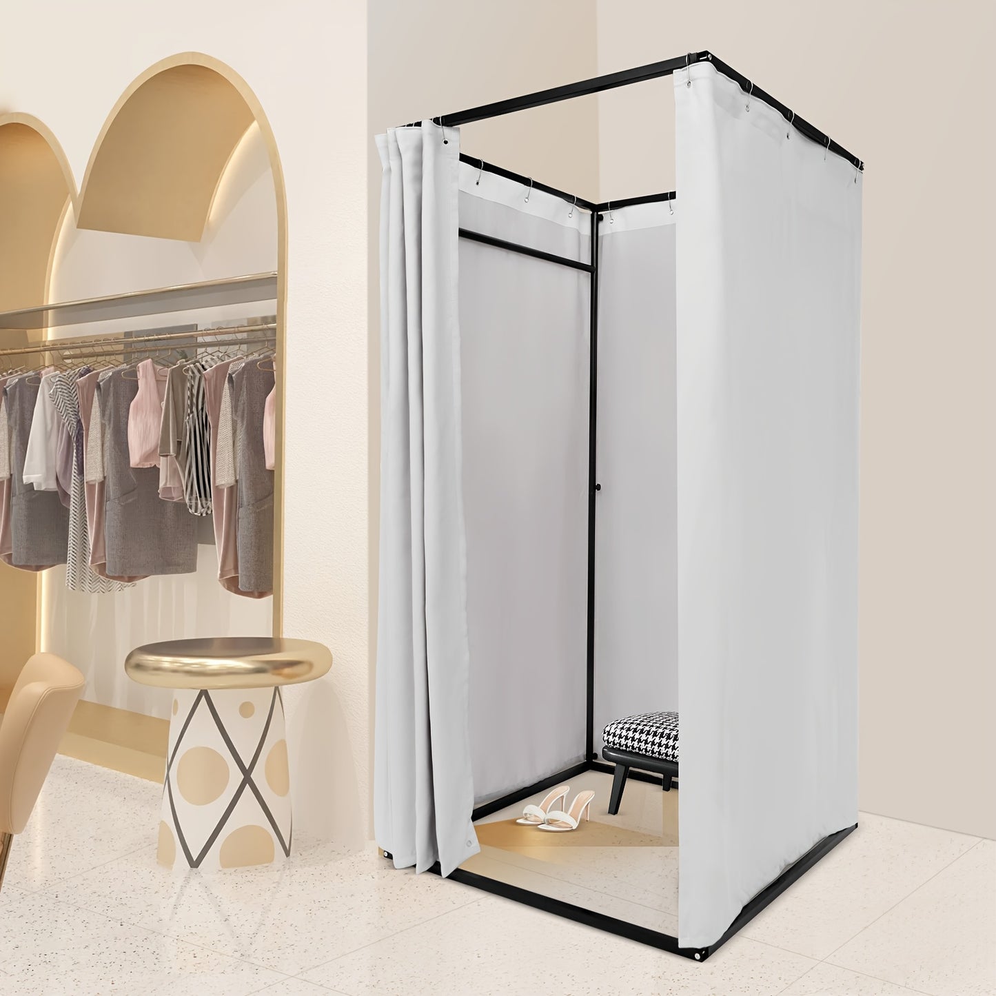 Pasmhokje – Paskamer – Kleedkamer – Pasruimte – Mobiele Paskamer – Stevig Metalen Frame – Machinewasbare Linnen Stof – Ruime Afmetingen 100x100x200 cm – Compact & Vrijstaand Grijs