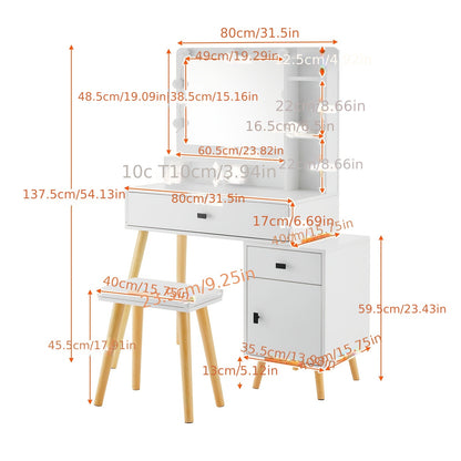 Witte Kaptafel – Make-up Tafel – Vanity Desk – Schminktisch – Dressing Table – Met 2 Opberglades – Uitbreidbaar Opbergkastje – Inclusief Gevuld Krukje