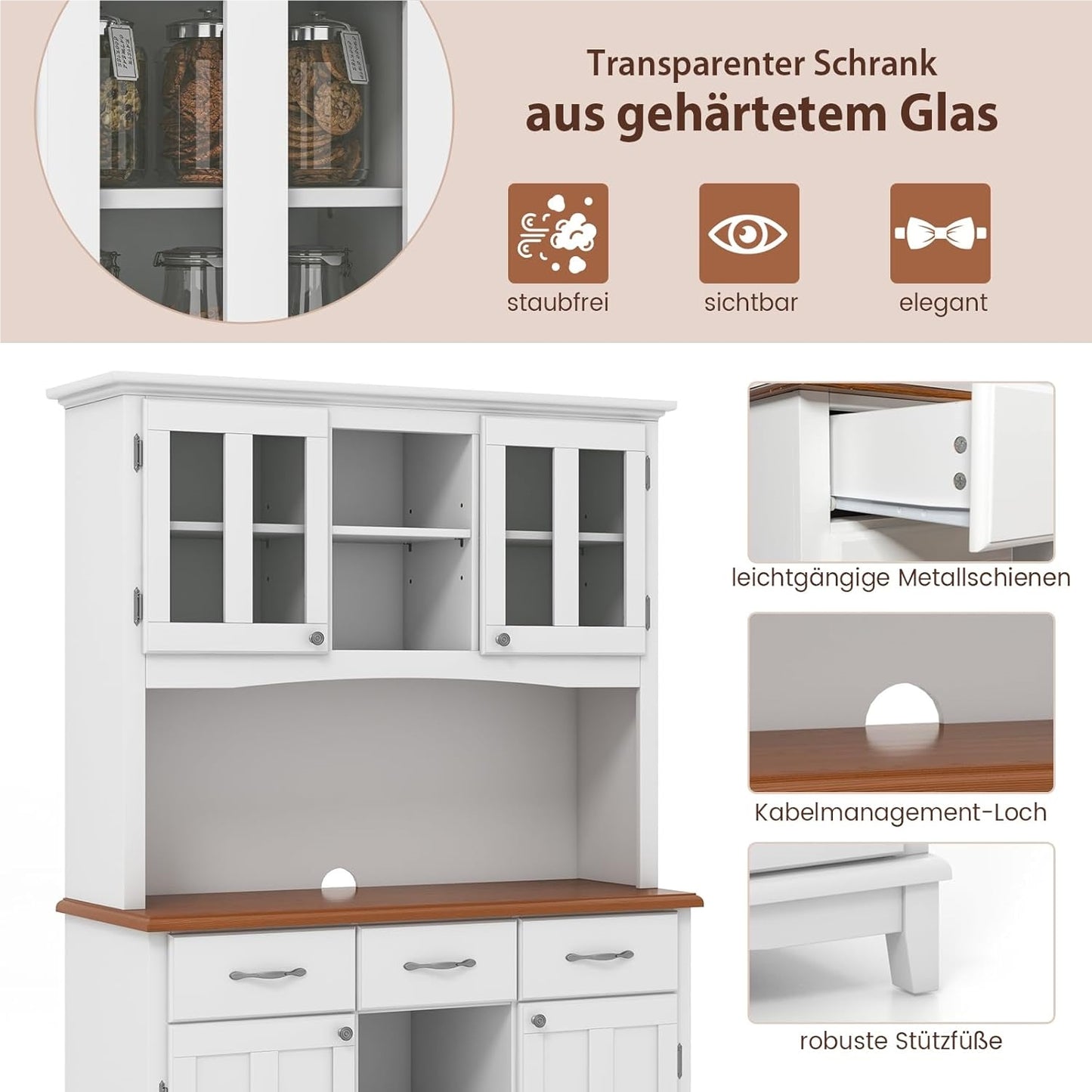 Keukenkast – Keukenbuffet – Opbergkast – Buffetkast – Voorraadkast – Hoogwit MDF – Verstelbare Glazen Planken – Wijnrek 9 Flessen – 112x43x184,5 cm