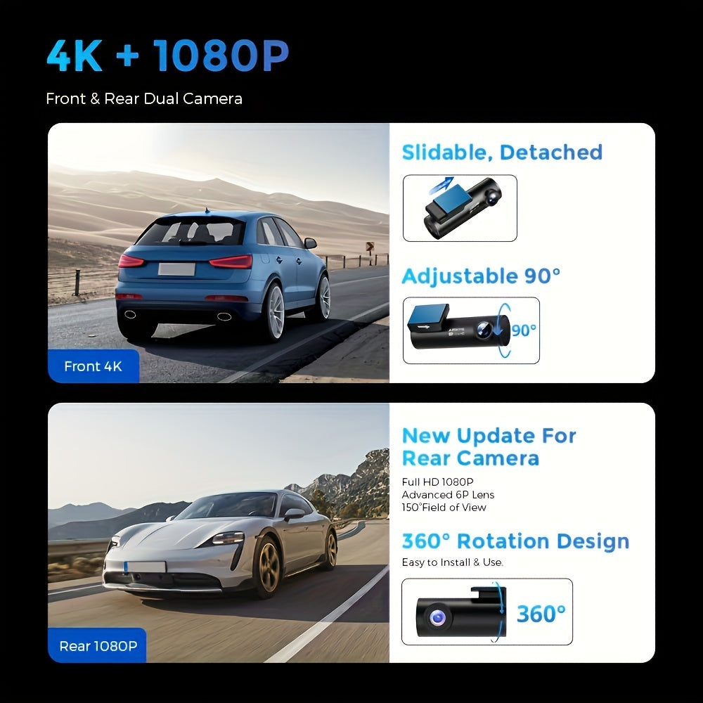 Dashcam – Autocamera – Dashboardcamera – Camera voor Auto – Dual Cam – 4K Ultra HD – 3-Kanaals Met IR Nachtzicht – 6,1cm IPS Scherm