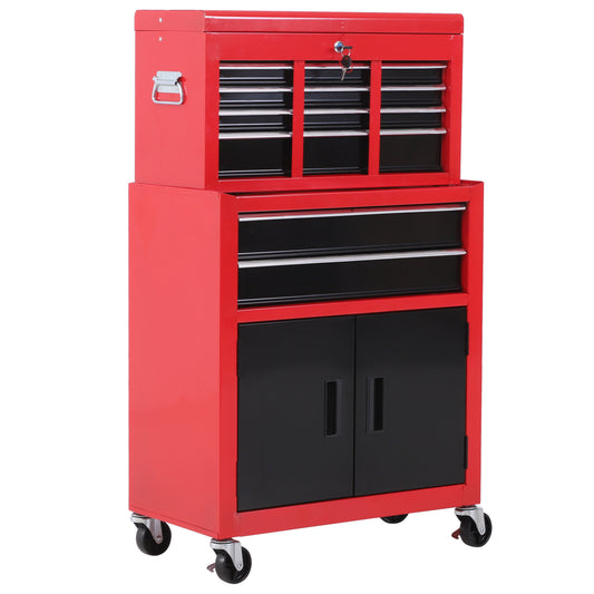 Gereedschapswagen – Werkplaatswagen – Gereedschapstrolley – Gereedschapskar – Gereedschapskast – 6 Lades + Afneembare Gereedschapskist – Stalen Constructie – Rood/Zwart