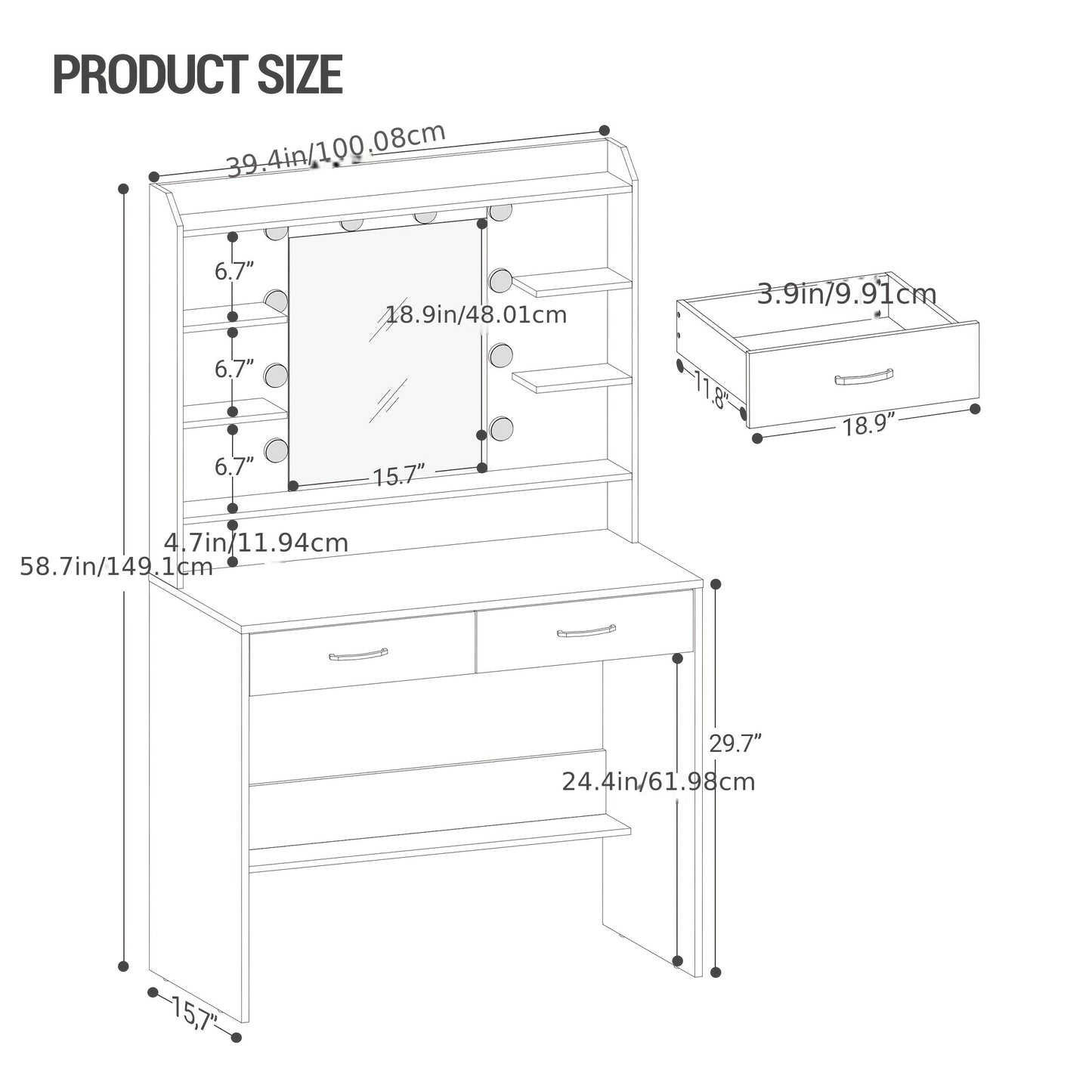Make-uptafel – Kaptafel – Schminktisch – Visagiekast – Make-up Bureau – Wit Met Gouden Accenten – Verstelbare Verlichting – 100x40x149 cm