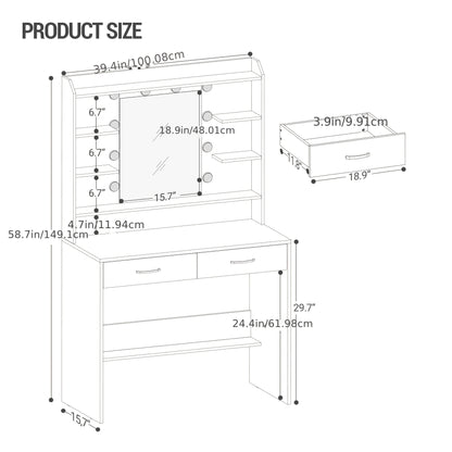 Make-uptafel – Schminktisch – Kaptafel – Vanity Table – Make-up Bureau – Wit Met Gouden Accenten – Verstelbare Verlichting – Ruime Opbergruimte Met 6 Vakken En 2 Laden