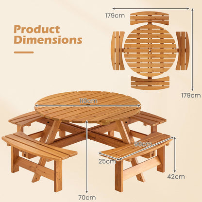 Ronde Picknicktafel – Buitentafel – Tuinset – Terrastafel – Picknickbank – Voor 8 Personen – Geïntegreerde Banken – Parasolhouder 5 cm – Geel – Weerbestendig Materiaal