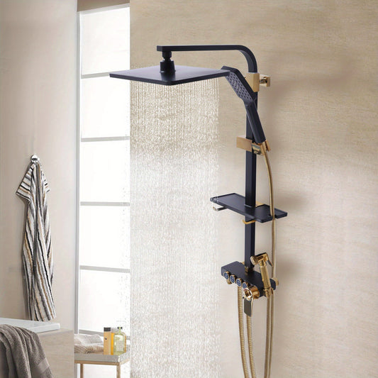 TOOL1SHOOO Contemporary Wall-mounted Bathtub Shower Set In Matte Black And Golden Finishes 46-orifice Hand Spray 112-orifice Top Spray And Anti-tangle Shower Hose, Easy to Clean, with Soft Silicone Spout And Toiletry Storage