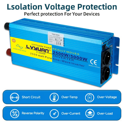 Omvormer – Spanningsomzetter – Stroomomzetter – Converter – Inverter – 24V Naar 230V – 2500W Continu Vermogen – Pure Sinusgolf Met LCD Display