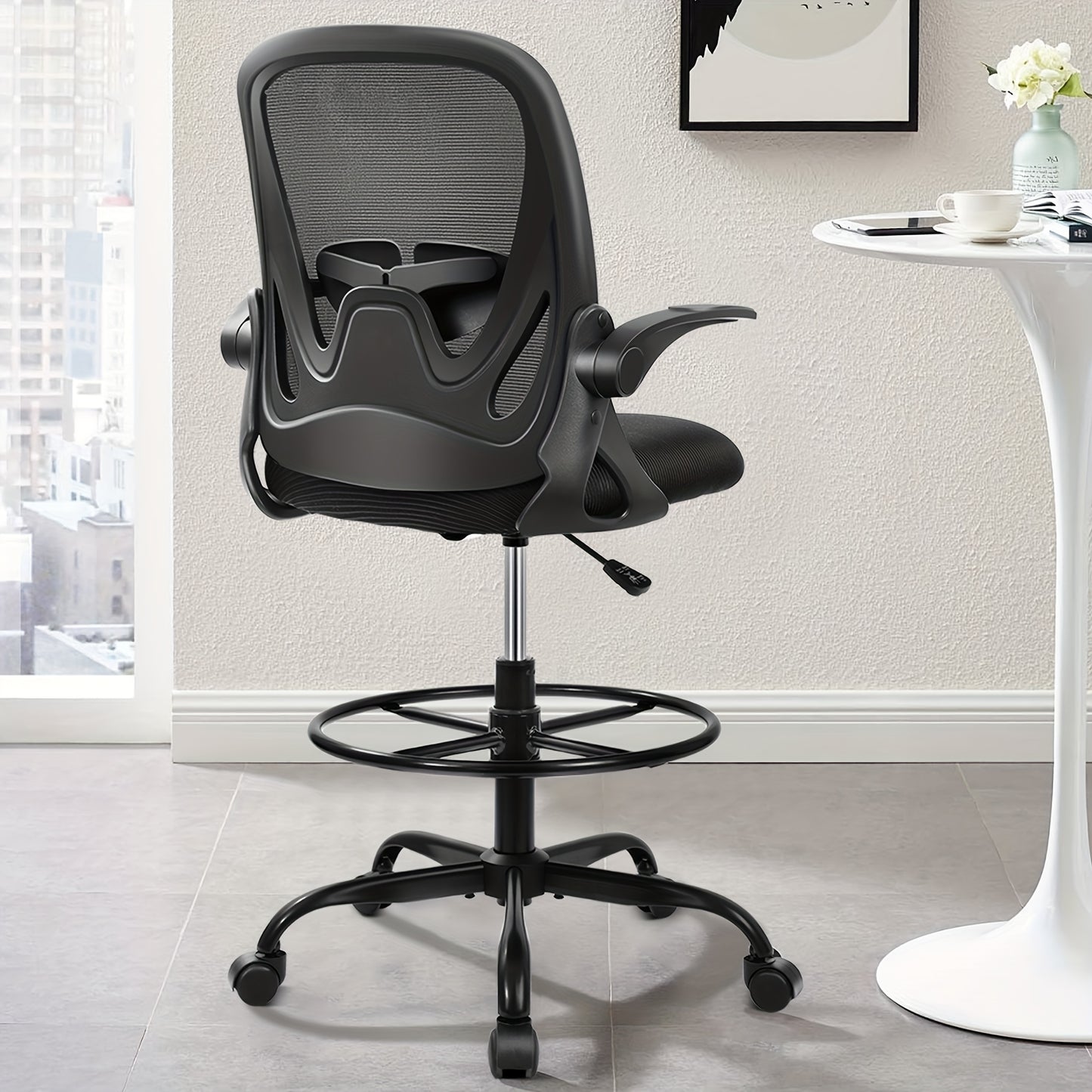 KERDOM Ergonomic High-Back Swivel Drafting Chair - Breathable Mesh Office Chair with Lumbar Support, Adjustable Footrest Ring & Flip-Up Armrests, 360° Swivel Metal Base for Home Office, Art Studio, Standing Desk, Ergonomic O