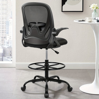 KERDOM Ergonomic High-Back Swivel Drafting Chair - Breathable Mesh Office Chair with Lumbar Support, Adjustable Footrest Ring & Flip-Up Armrests, 360° Swivel Metal Base for Home Office, Art Studio, Standing Desk, Ergonomic O