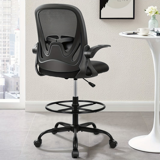 KERDOM Ergonomic High-Back Swivel Drafting Chair - Breathable Mesh Office Chair with Lumbar Support, Adjustable Footrest Ring & Flip-Up Armrests, 360° Swivel Metal Base for Home Office, Art Studio, Standing Desk, Ergonomic O