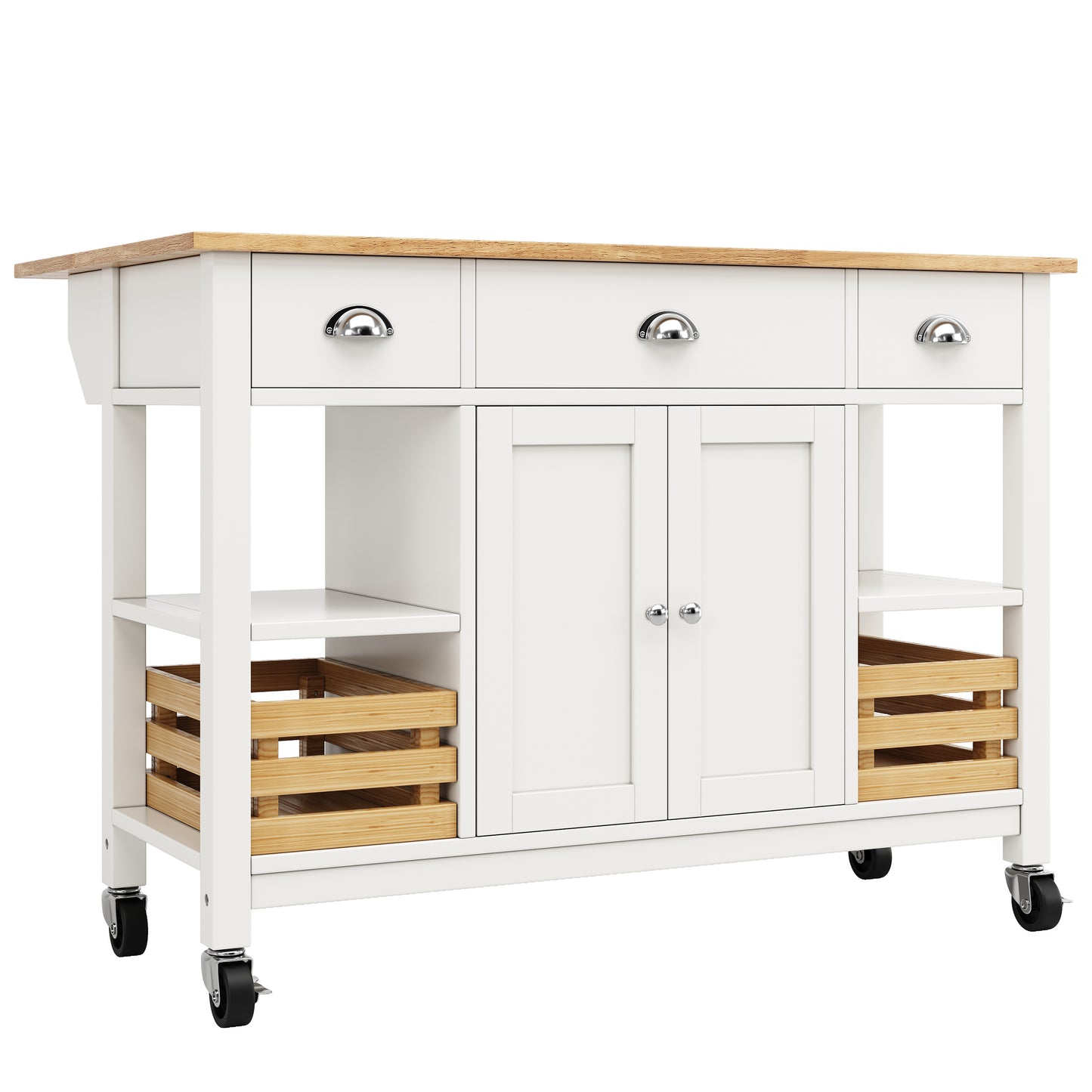 Keukeneiland – Keukenkast – Buffetkast – Serveerwagen – Kookeiland – Uitklapbaar Werkblad – MDF Met Dennenhouten Mand – 120x45x90 cm – Wit