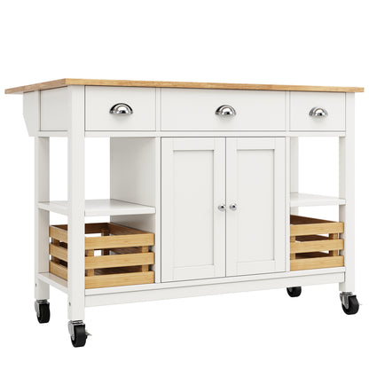 Keukeneiland – Keukenkast – Buffetkast – Serveerwagen – Kookeiland – Uitklapbaar Werkblad – MDF Met Dennenhouten Mand – 120x45x90 cm – Wit