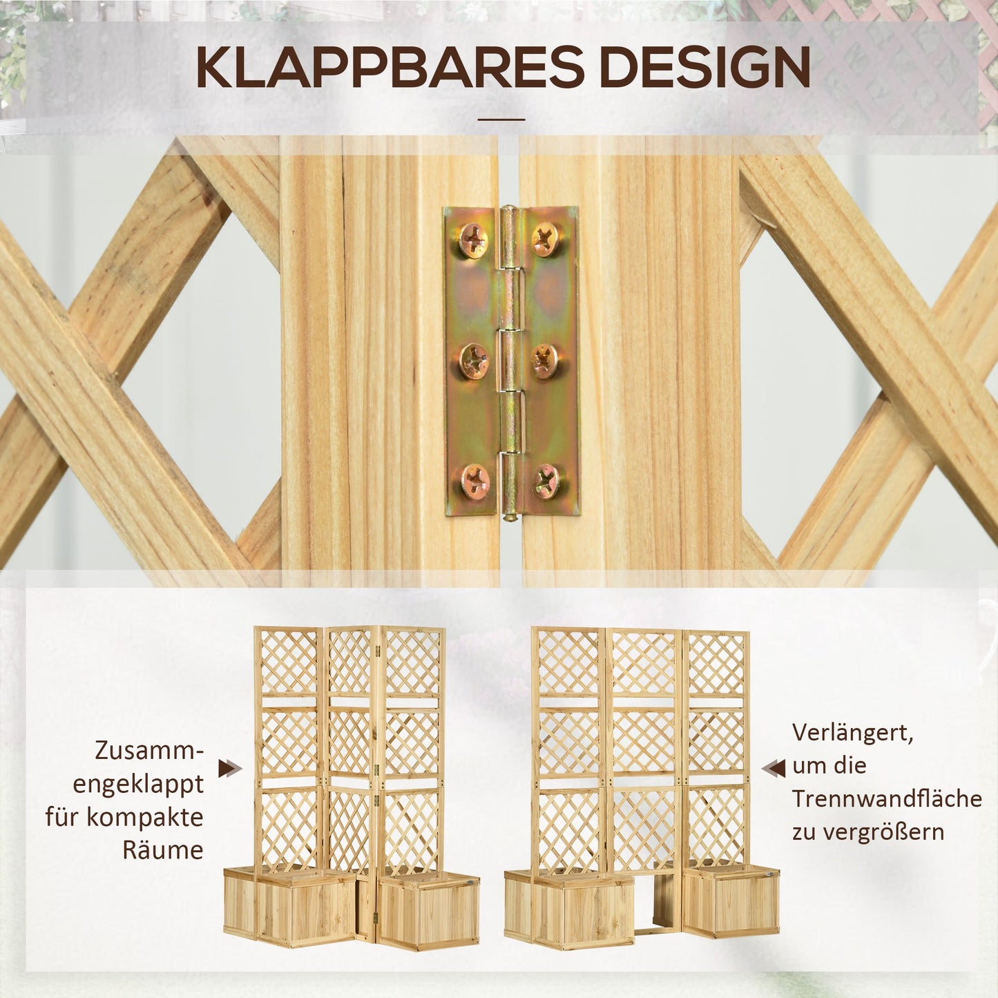 Tuinscherm – Privacy Scherm – Tuinafscheiding – Vouwscherm – Bloembak Scherm – Drievoudig Vouwbaar – Natuurlijk Hout – 133x62x165 cm – 4 Geïntegreerde Bloembakken