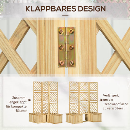 Tuinscherm – Privacy Scherm – Tuinafscheiding – Vouwscherm – Bloembak Scherm – Drievoudig Vouwbaar – Natuurlijk Hout – 133x62x165 cm – 4 Geïntegreerde Bloembakken