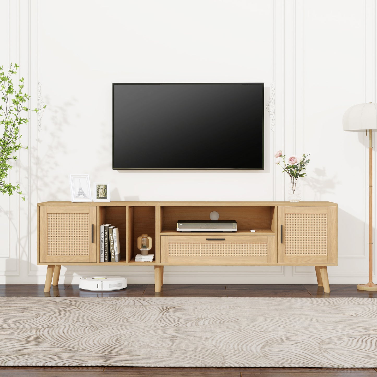 BTM TV Lowboard with Wood Look, Rattan Doors, and Drawer, 180 cm TV Stand for 80-Inch TVs, TV Cabinet with Cable Management, Storage Space & Solid Wood Legs, Scandinavian Design