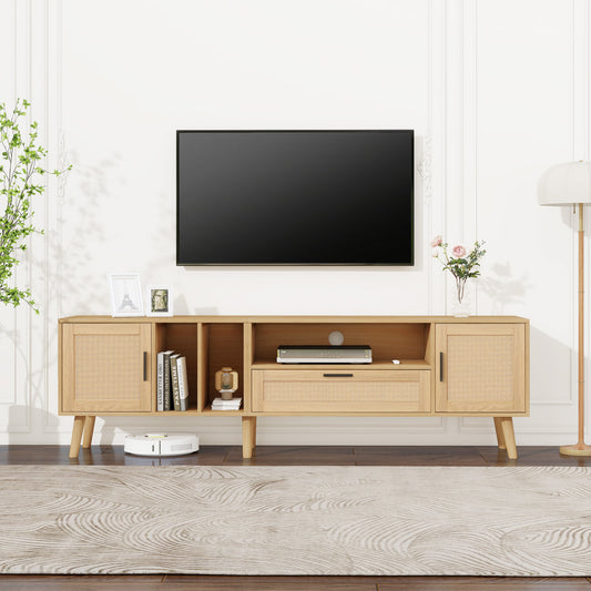 BTM TV Lowboard with Wood Look, Rattan Doors, and Drawer, 180 cm TV Stand for 80-Inch TVs, TV Cabinet with Cable Management, Storage Space & Solid Wood Legs, Scandinavian Design