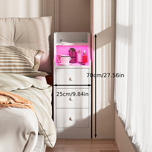 Modern White Slim Nightstand with 3-Tier Drawers & Open Shelf - Space-Saving Vertical Bedside Cabinet, Compact Bedside Table for Small Spaces, Easy Assembly Particle Board (White/Brown), Narrow Dresser for Bedroom/Living Room