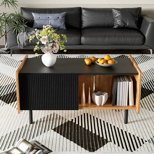Salontafel – Woonkamertafel – Bijzettafel – Theetafel – Meubeltafel – Zwart met Houtkleur – 90 cm Compact – Soft-close Deurtjes