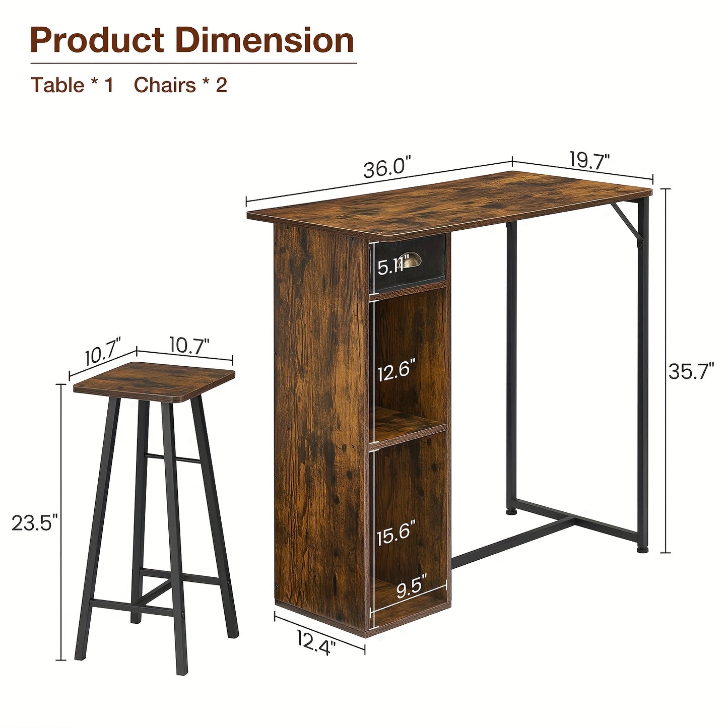 3pcs Dining Table Set for 2, Kitchen Table and Chairs with Storage Drawer & Shelf - Compact Kitchen Table and 2 Bar Stools, Perfect for Small Kitchens, Apartments, Brown, Spacesaving Furniture, Minimalist Furniture, Contempor