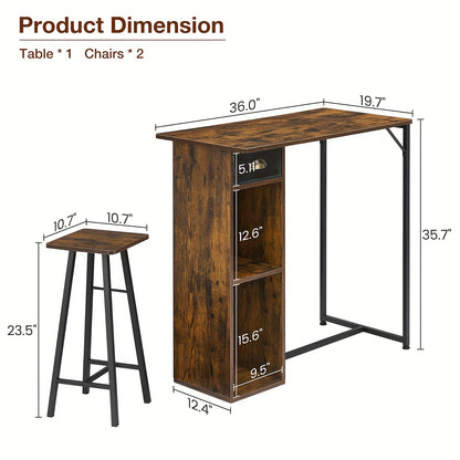 3pcs Dining Table Set for 2, Kitchen Table and Chairs with Storage Drawer & Shelf - Compact Kitchen Table and 2 Bar Stools, Perfect for Small Kitchens, Apartments, Brown, Spacesaving Furniture, Minimalist Furniture, Contempor