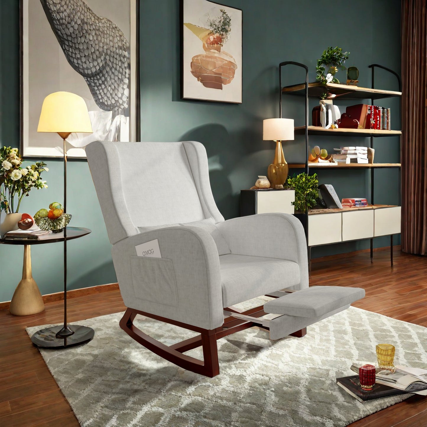 Rocking Chair with Stool, Lounge Chair with High Backrest, Chair with Footrest, Side Pockets And Solid Wood Base, Reading Chair, Relaxation Chair Suitable for Living Room, Bedroom And Balcony.