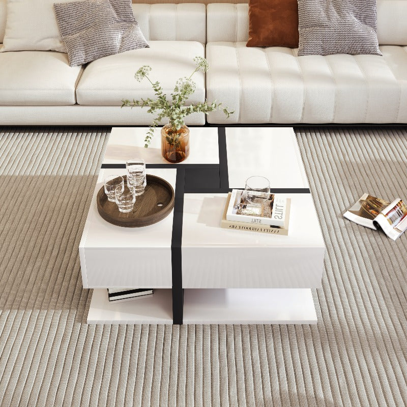 Moderne Salontafel – Hoge Glans Tafel – Opbergtafel – Lade Tafel – Vierkante Tafel – 4 Uittrekbare Laden – Duurzame Constructie – 78x78x36 cm