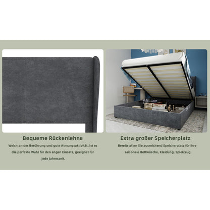 Bed – Ledikant – Slaapbank – Boxspring – Bedframe – Grijs Fluwelen Hoofdbord – Opbergruimte Met Gaslift – 160x200 cm – Modern Minimalistisch – Geen Montage Nodig