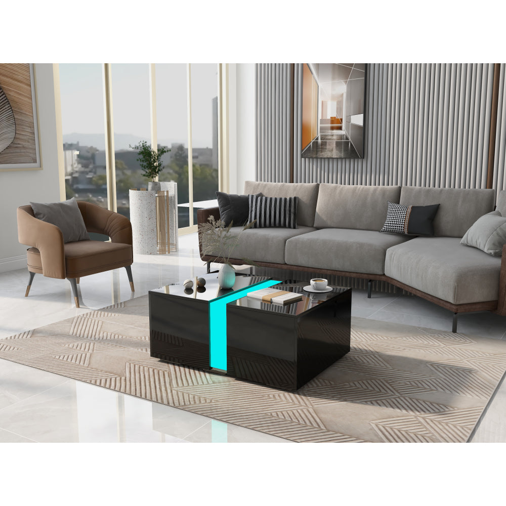 Salontafel – Koffietafel – Woonkamertafel – Bijzettafel – Tafel – Uitschuifbaar – Met Verborgen Opbergruimte – Zwart Metalen Frame – Compact 73x60x34 cm