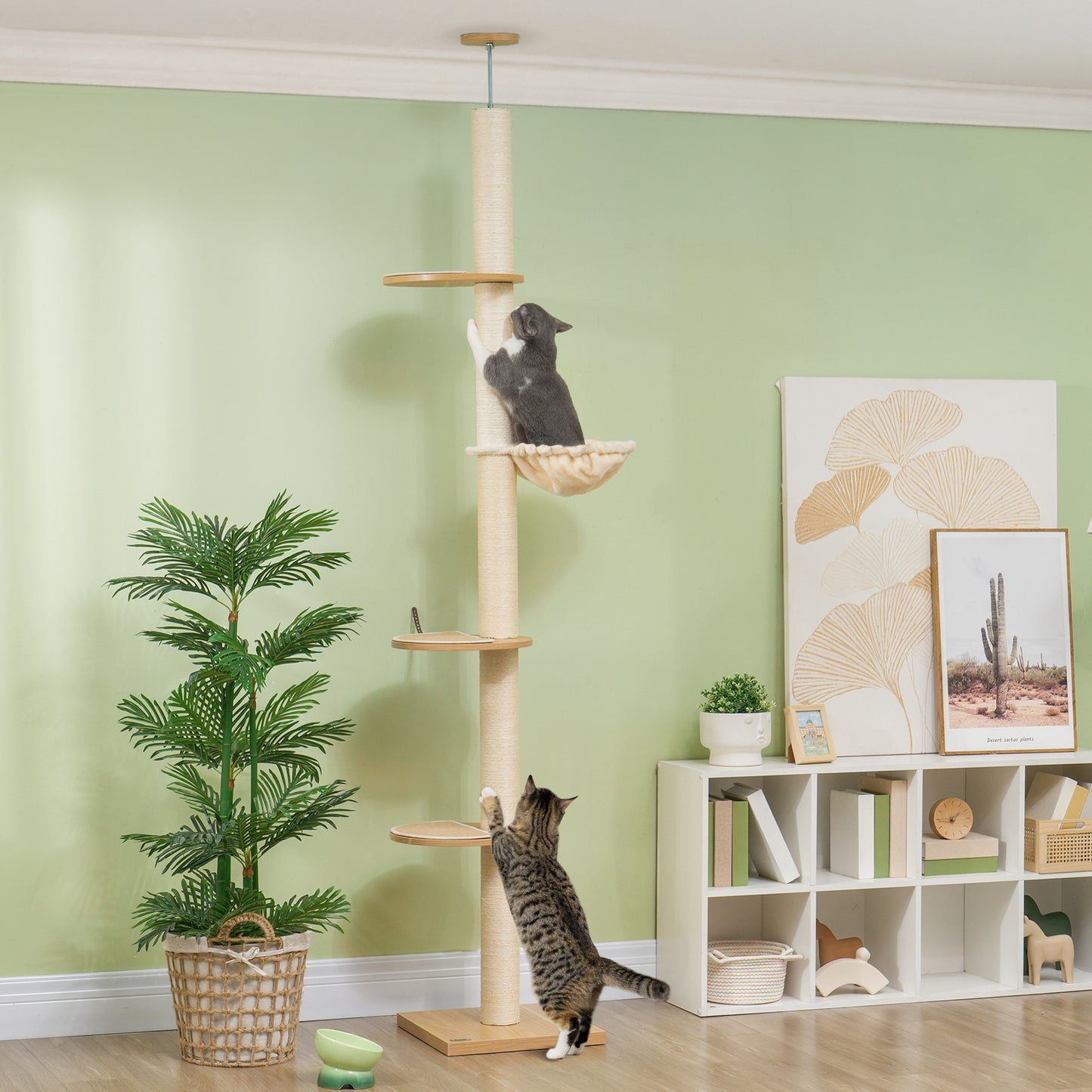Krabpaal – Krabmeubel – Klimpaal – Kattenpaal – Speelpaal – Verstelbare Hoogte 230-250 cm – Anti-Kantel Veiligheidssysteem – Sisaltouw – Houtcomposiet – Eikenhout & Crème Wit
