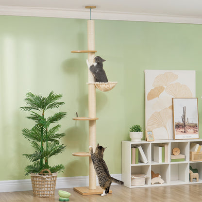 Krabpaal – Krabmeubel – Klimpaal – Kattenpaal – Speelpaal – Verstelbare Hoogte 230-250 cm – Anti-Kantel Veiligheidssysteem – Sisaltouw – Houtcomposiet – Eikenhout & Crème Wit
