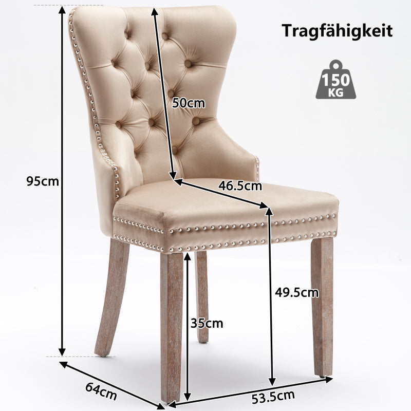 Eetkamerstoel – Stoel – Kuipstoel – Keukenstoel – Woonkamerstoel – Beige Velvet Bekleding – Massief Rubberwood Poten – Unieke Deurknop Achterzijde – Decoratieve Spijkernaad
