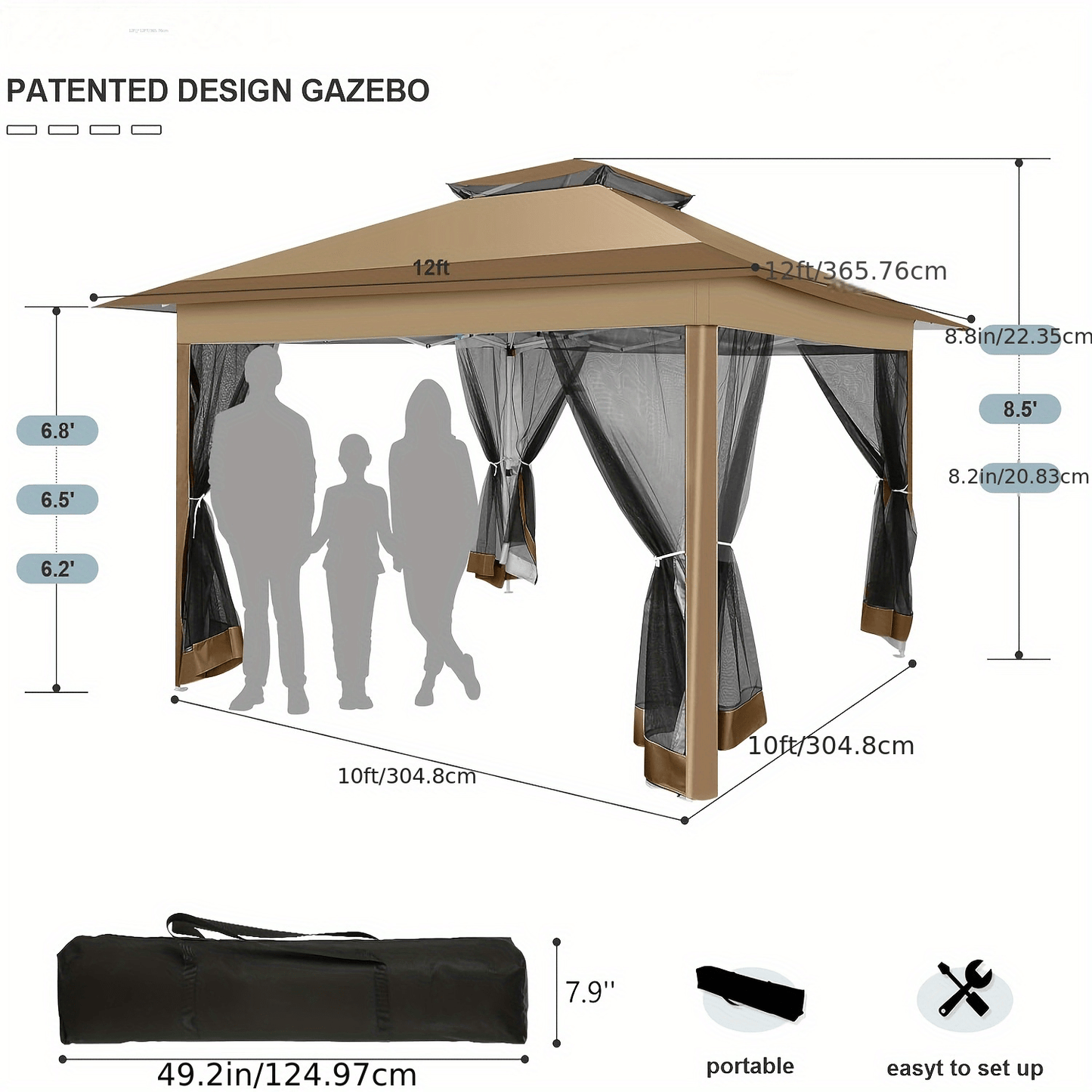 3.6x3.6/12x12ft Instant Pop-Up Tent UPF 50+, Portable Automatic Eaves Gazebo with Mosquito Net & Double Vent Roof - Easy Setup Outdoor Canopy Suitable for Beach, Camping, Patio, Garden (Carrying Bag Included)