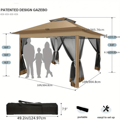 3.6x3.6/12x12ft Instant Pop-Up Tent UPF 50+, Portable Automatic Eaves Gazebo with Mosquito Net & Double Vent Roof - Easy Setup Outdoor Canopy Suitable for Beach, Camping, Patio, Garden (Carrying Bag Included)