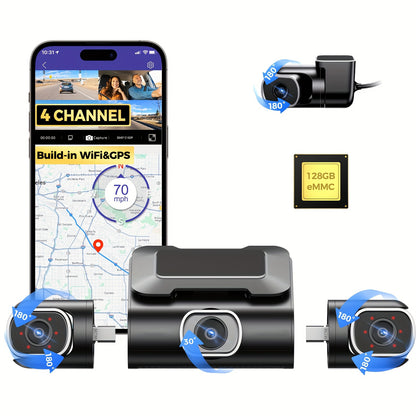 Dashcam – Auto Camera – 4-Kanaals Recorder – Beveiligingscamera – Wegencamera – 4K Voor + 1080p Achter – Wifi & GPS Met Nachtzicht