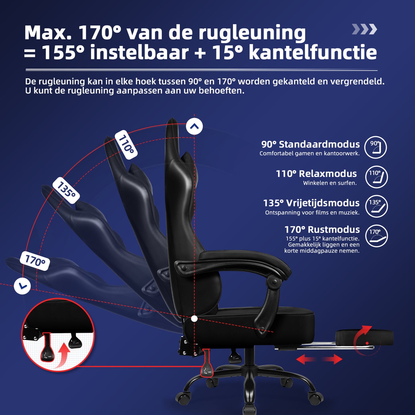 Gaming Chair, Ergonomic, Height-Adjustable, with Footrest, Adjustable Backrest – Ideal for Gaming and Working
