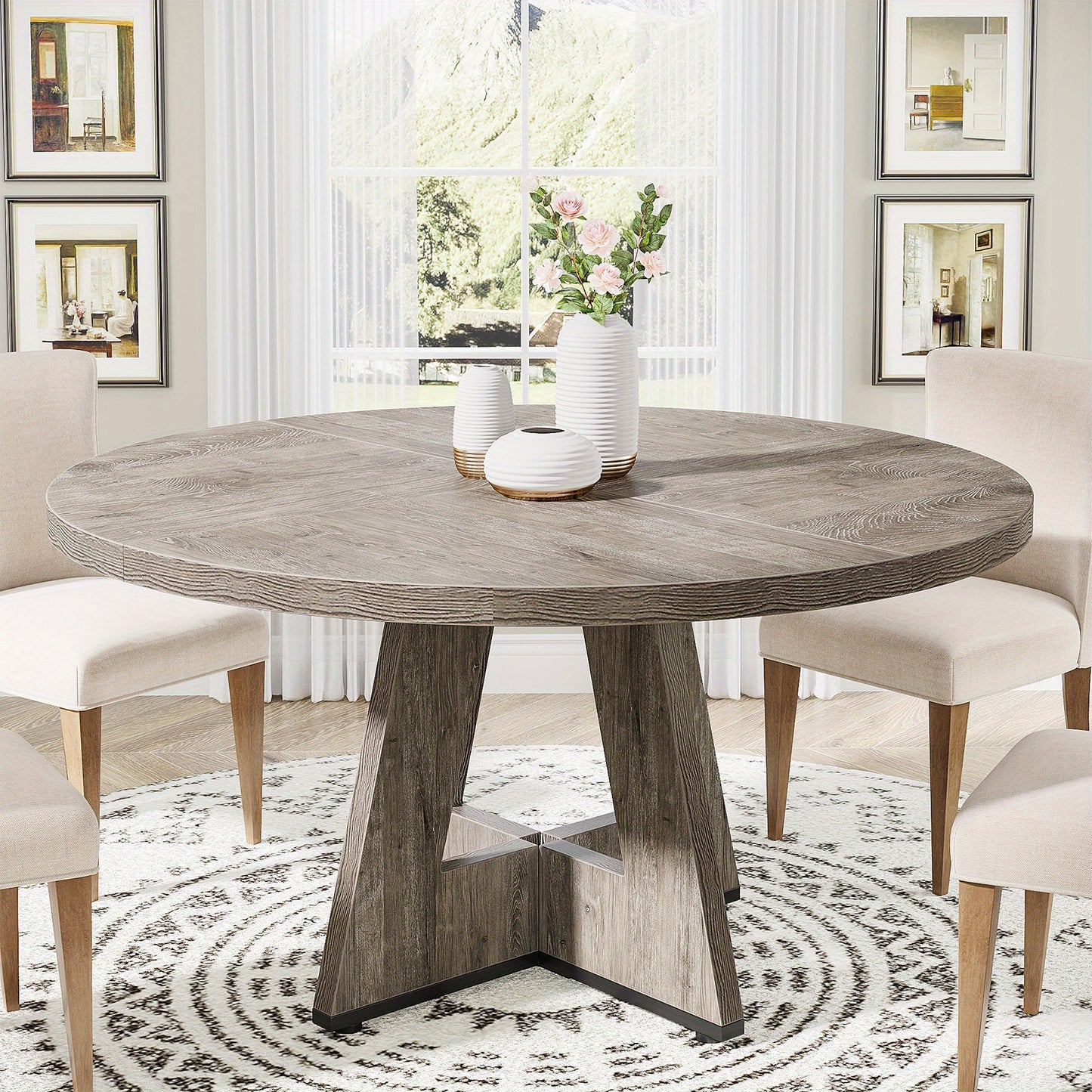 Eetkamertafel – Eettafel – Keukentafel – Ronde Tafel – Tafel – Ronde Grijze Eettafel – 120 cm Diameter – Massief Houten Blad