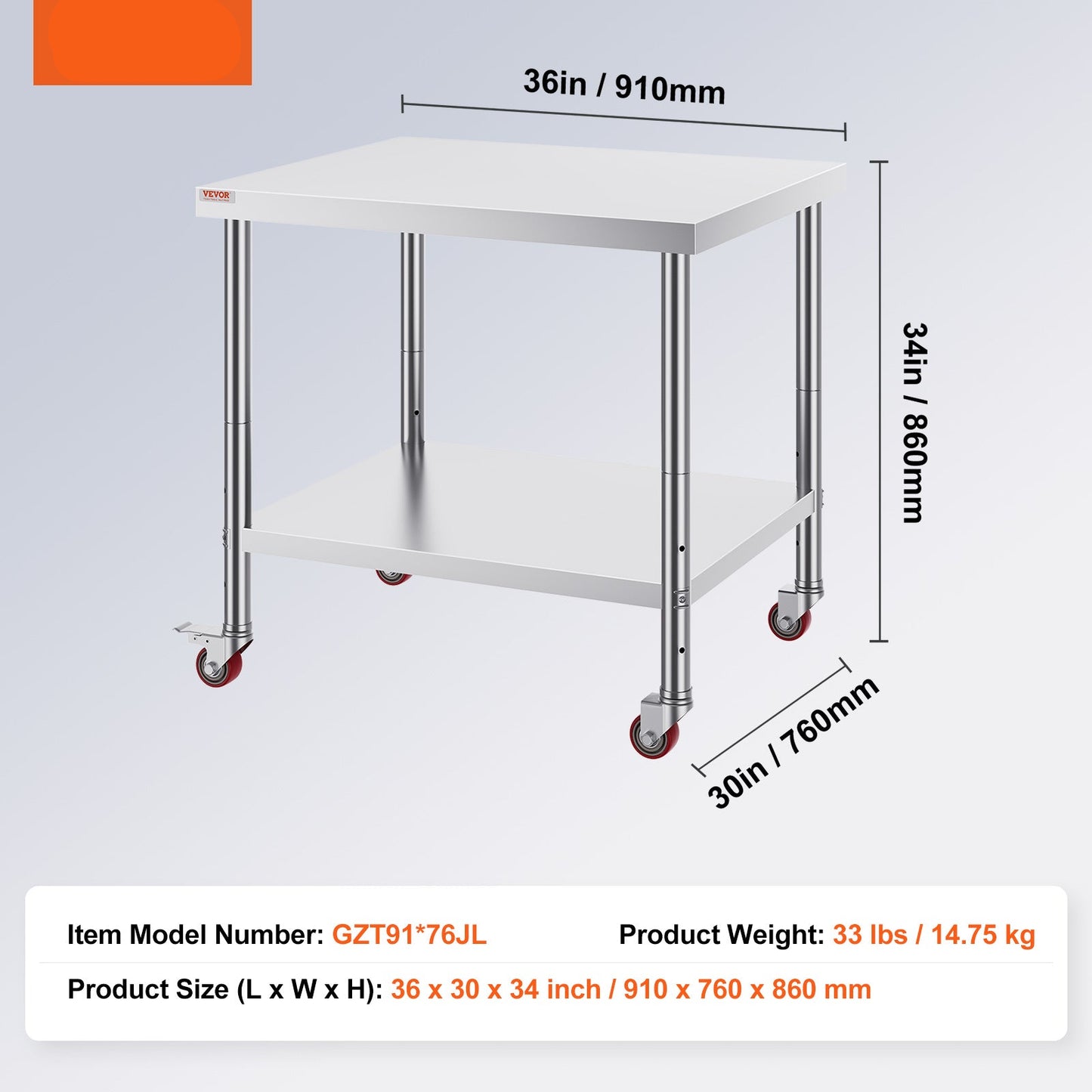 RVS Werktafel – Roestvrijstalen Werkbank – Catering Werkbank – Keukentafel – Foodprep Tafel – 91 x 76 x 86 cm – Verstelbaar Onderrek en 4 Zwenkwielen met Remmen