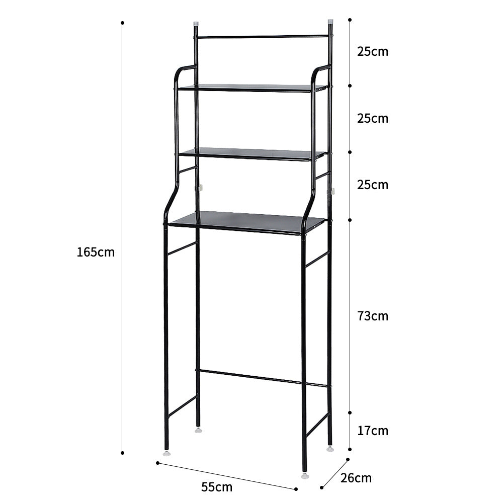Opbergrek Badkamer – Badkamerkast – Toiletkast – Opbergkast – Rek Voor Boven Toilet – Zwart – 3-laags – 55 x 26 x 165 cm – Metalen Frame – Ruimtebesparend Design